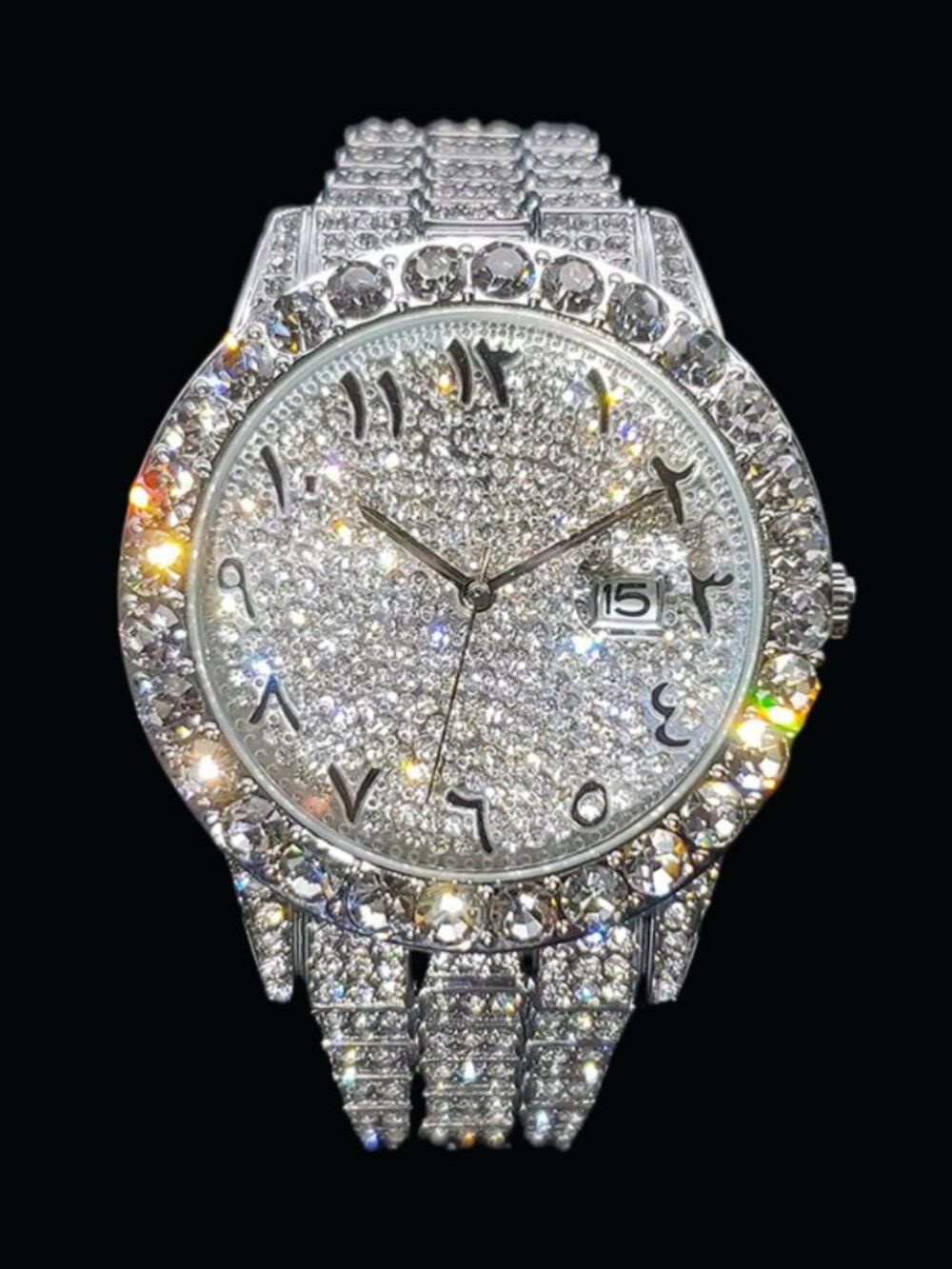Silver Arabic Numerals Date Iced Out Diamond Watch, Hip Hop Watch, Luxury